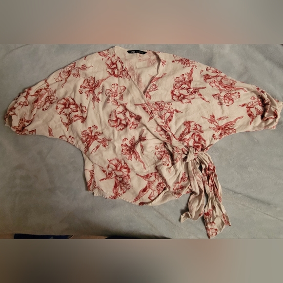 Zara floral linen blend wrap top -Size xs - Picture 7 of 12